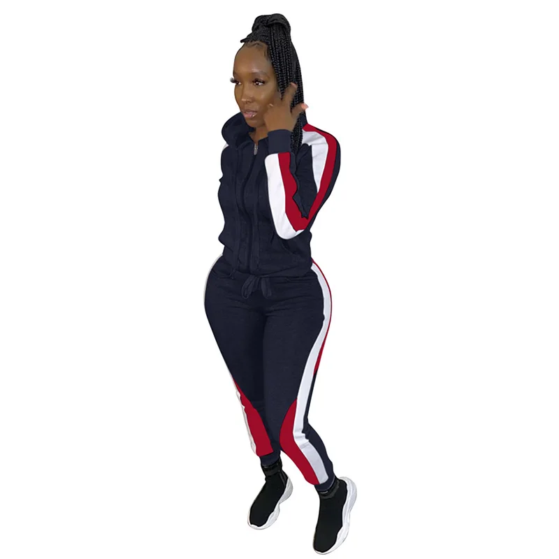 

Striped Sporty Two Pieces Matching Set Outfits Women Hooded Long Sleeve Zipper Coat and Pencil Pants Plus Size Ladies Tracksuits