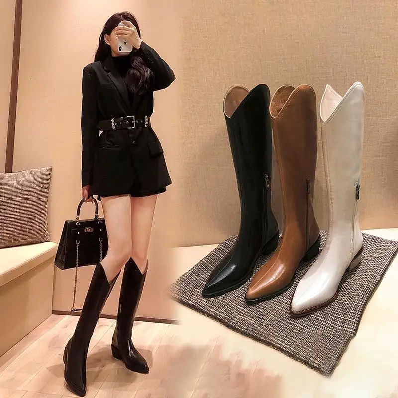 

Новинка Осень-зима 2021, сапоги ниже колена на массивном каблуке, ковбойские сапоги в западном стиле, рыцарские сапоги, привлекательные высок...