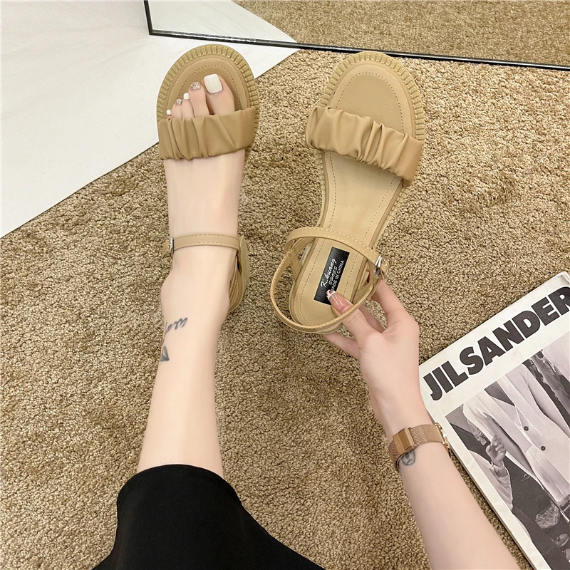 

Buckle Clear Heels Beige Heeled Sandals Beach Shoes All-Match 2021 Women's Black Comfort New Girls Summer High Fashion Strap Rub