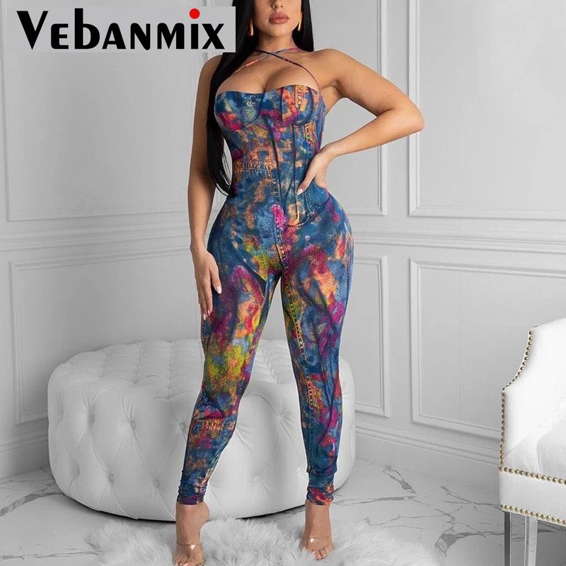 

Women Halter Printed Sleeveless Bodycon Jumpsuit Skinny Plus Size Sexy & Club Night Out Overalls