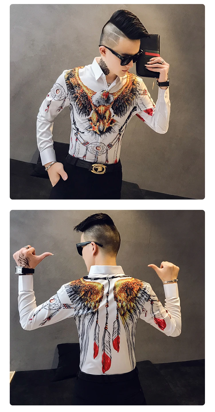Осенняя мужская Модная приталенная рубашка с коротким рукавом Camisa Masculina, Повседневная Уличная Мужская рубашка с принтом орла