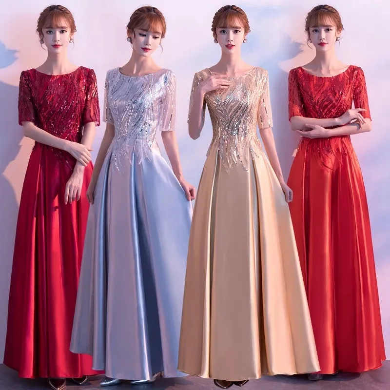 

Gold Sequins Trim Pleated Dresses Female Elegant O-Neck Long Banquet Gown Exquisite Appliques Formal Party Dress S-3XL