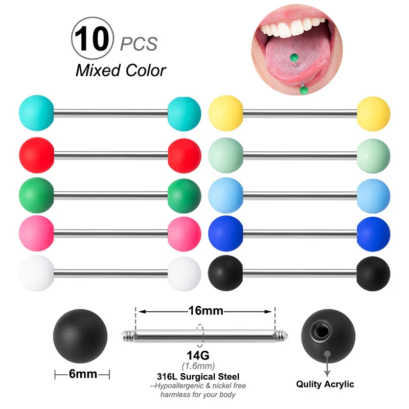 

Mixed Color Acrylic Ball Tongue Rings for Women 316L Surgical Steel Tongue Piercing Jewelry Tongue Ring Bars Barbell
