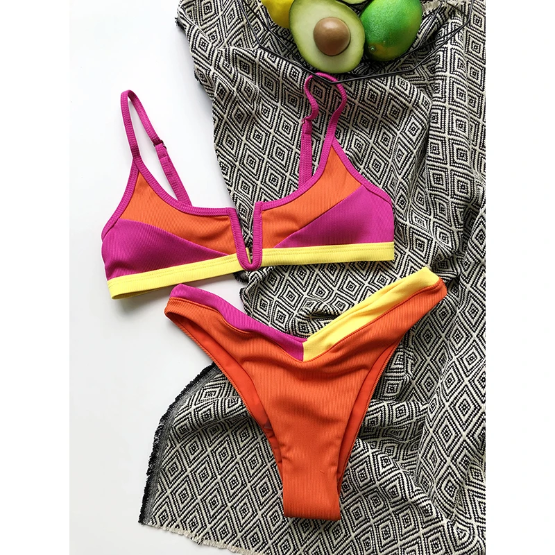 

Splicing Bikini 2021 New V-neck Swimsuit Female Push Up Swimwear Ribbed Bikini Set Beach Bathing Suit Summer Bather Biquini