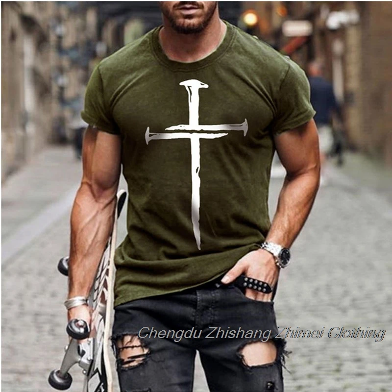 

New products launched in 2021, men's Jesus Christ cross print short-sleeved casual all-match fashion T-shirt oversized T-shirt