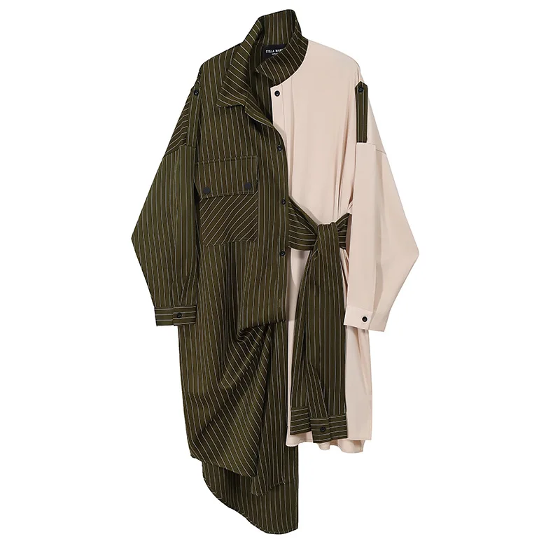 

SuperAen осень зима 2021 Новое тонкое асимметричное Полосатое лоскутное Повседневное платье до середины икры с отложным воротником для женщин