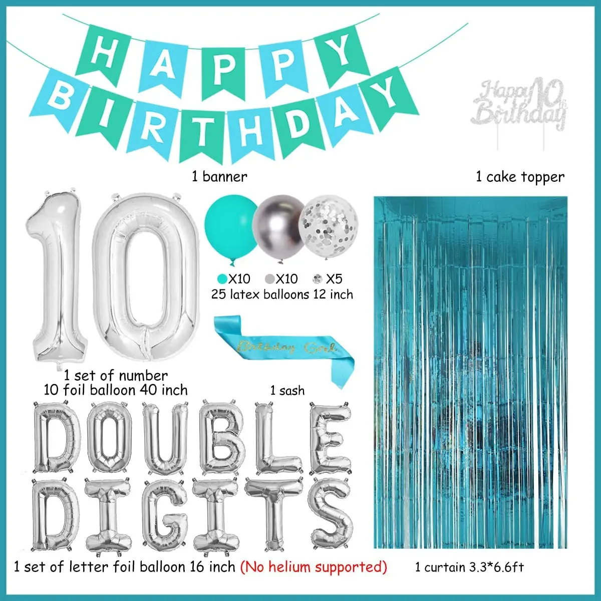 Decoraci&oacute;n Para fiesta de cumplea&ntilde;os de 10 &deg; a&ntilde;o, conjunto de globos de aluminio con doble n&uacute;mero 10, cortina con flecos, Banner para ni&ntilde;as, suministros de 10 a&ntilde;os-2