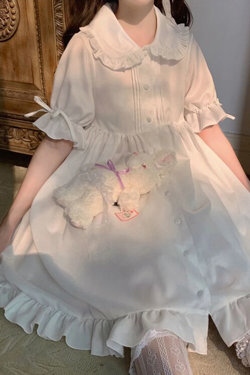 

Simple Cute Japanese Student White Lolita Dresses Female Summer 2021 New Loose Slimming Short Sleeve Mid-Length Kawaii Clothes
