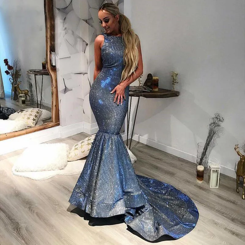 

2020 Glitter Mermaid Prom Dresses O Neck Sleeveless Court Train Formal Evening Party Gowns Robe De Soiree
