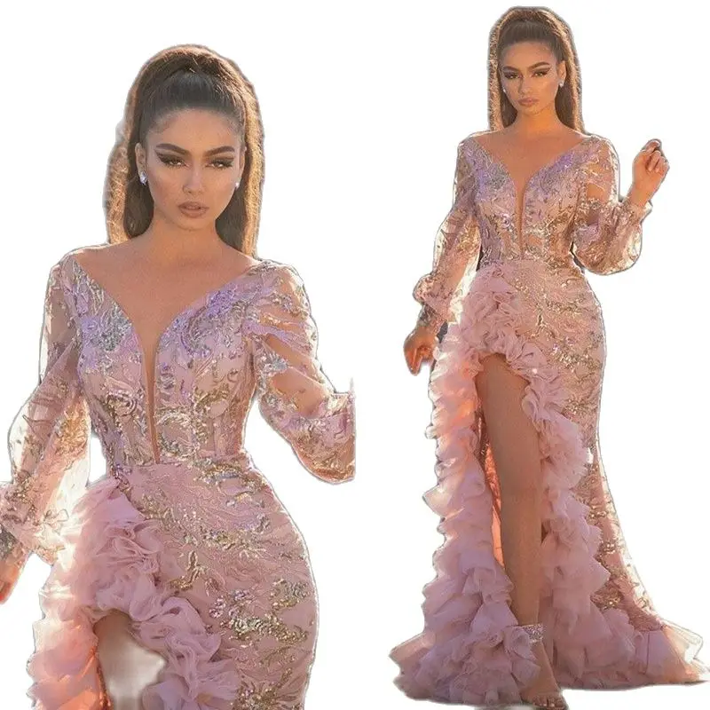 

V-neck Transparent Party Dress Sexy Hips Trailing Sequins Pink Long Mesh Night Evening Dress