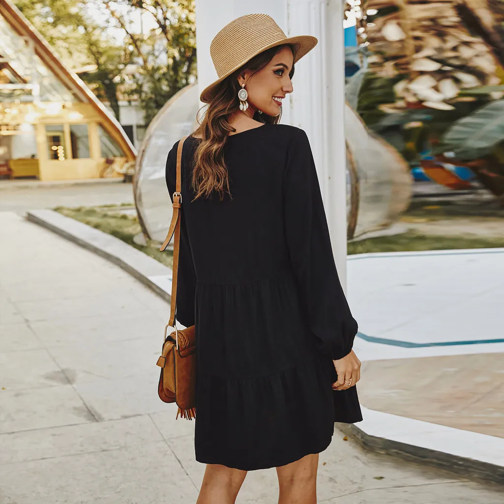 Повседневное летнее женское платье 2019 модное однотонное с длинным рукавом и