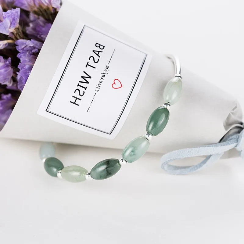 Женский браслет из серебра 925 пробы с натуральным нефритом | Украшения и