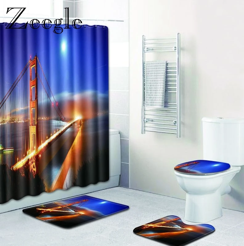 

Zeegle Printed Building Bath Mat Set with Shower Curtain Microfiber Pedestal Rug Lid Toilet Cover Bathroom Entrance Mat Foot Rug