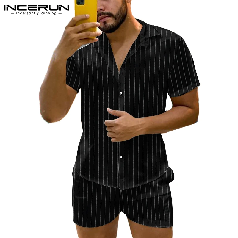 

INCERUN 2021 Для мужчин повседневные комплекты одежды в полоску в уличном стиле с отложным воротником футболка с коротким рукавом летние спортив...