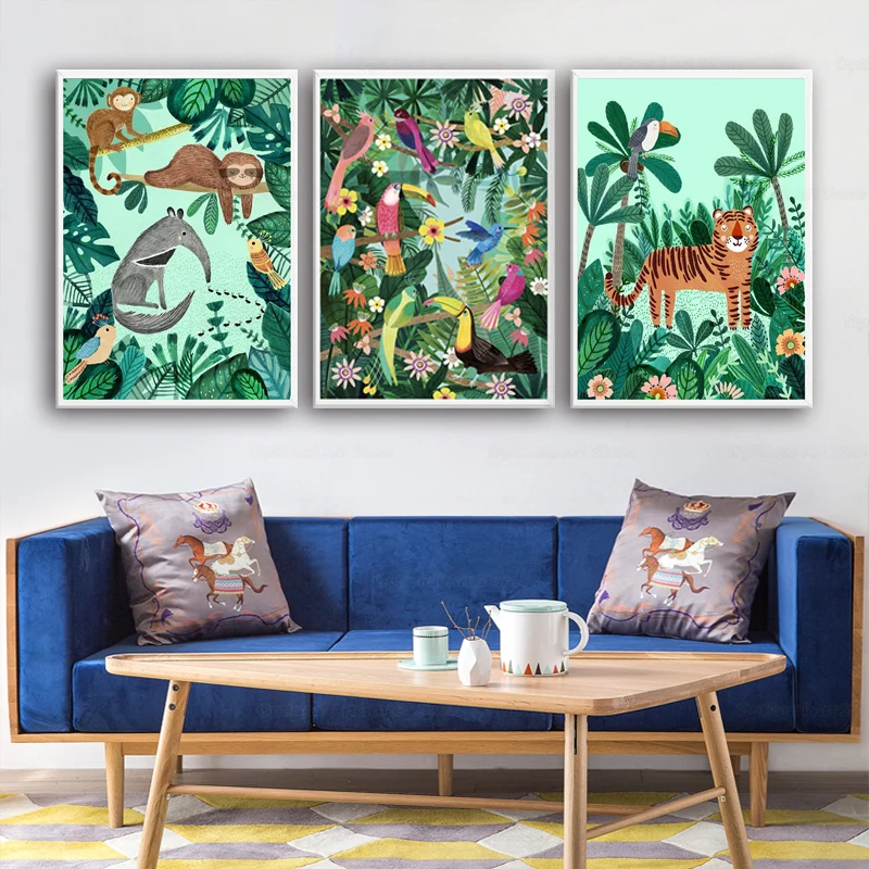 Тигр Панда Леопард попугай джунгли скандинавские плакаты и принты настенная