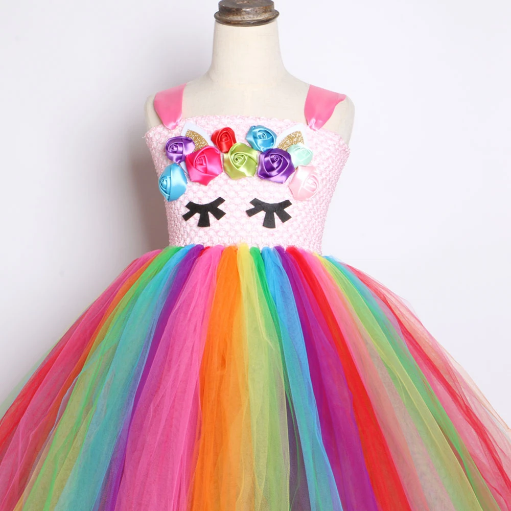 Bright Rainbow Unicorn Tutu Dress Princess Flower Girl Birthday Party Dresses Kids Girls Halloween Costume Clothes 1-14Y | Детская