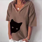 Новые женские футболки Свободные повседневные брюки из хлопка и льна с принтом головa кота, футболка с принтом с капюшоном размера плюс футболка Femmet футболка с коротким рукавом