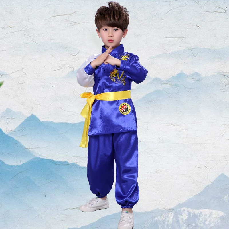 Blue Long Set Традиционная китайская одежда для мужчин Дети Вышивка Дракон Униформа кунг-фу восточные дети Тай Чи у Шу Шао Лин костюмы - Цвет: Blue Long Set