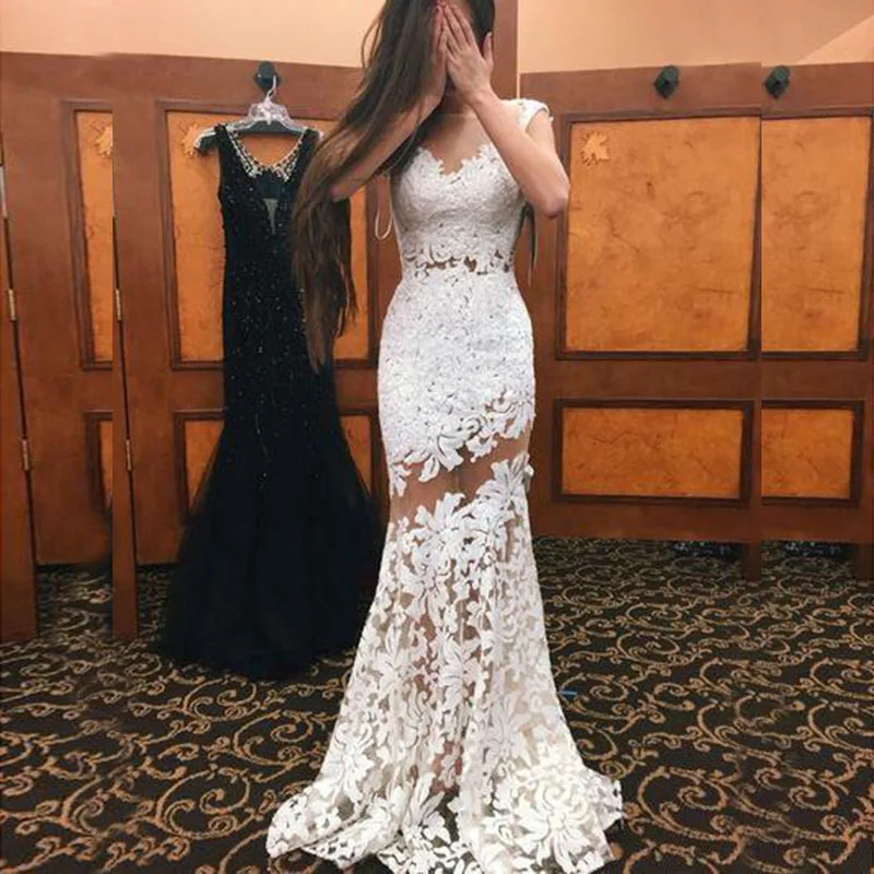 

Fashion Unique Ivory Mermaid Lace Bridal Wedding Dresses Open Back Cap Sleeves Illusion Boat Neck Wedding Gowns for Bride 2021