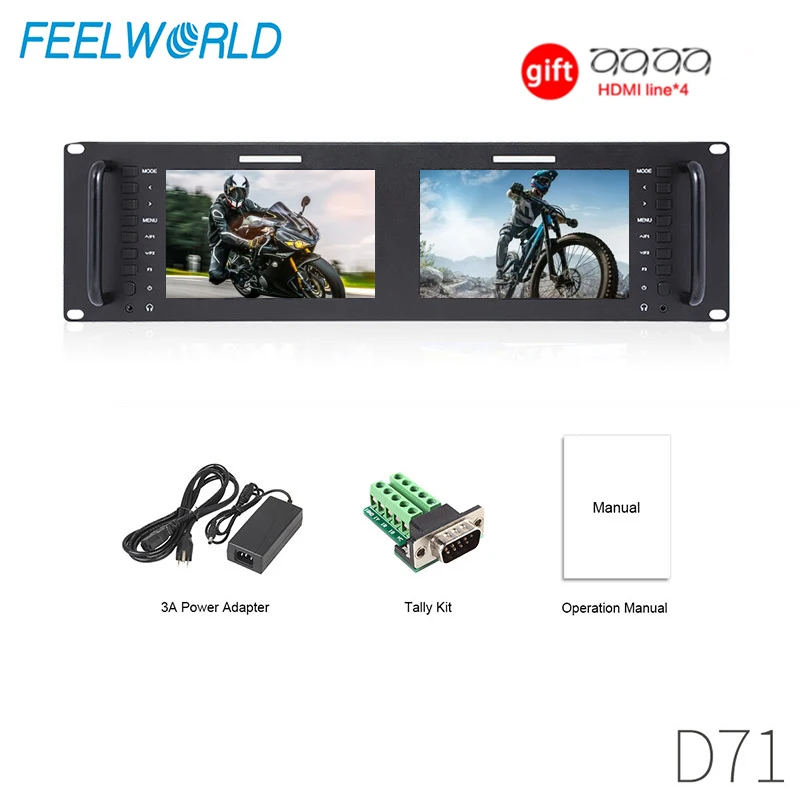 

FEELWORLD Dual 7" 3RU IPS 1280x800 LCD Rack Mount Monitor with 3G-SDI, HDMI, AV Input and Output D71 for Broadcasting