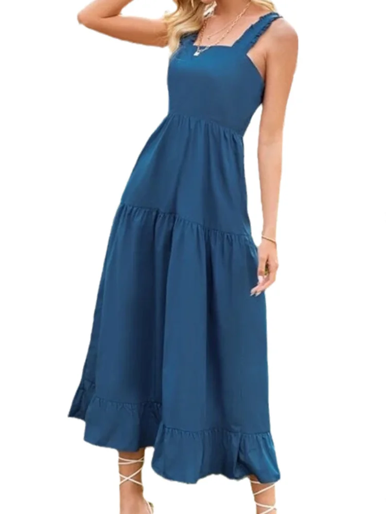 

JHBeute Sling Dress Casual Middle Dress for Women Square Collar Wind Wrapped Chest Ruffled Blue Long Skirt East Seaside Holiday