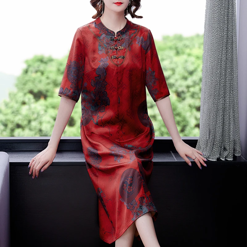 

COIGARSAM Women Dress Summer 2021 New Office Lady Cheongsam Half Sleeve O-Neck Dresses Traf Vestidos Robe