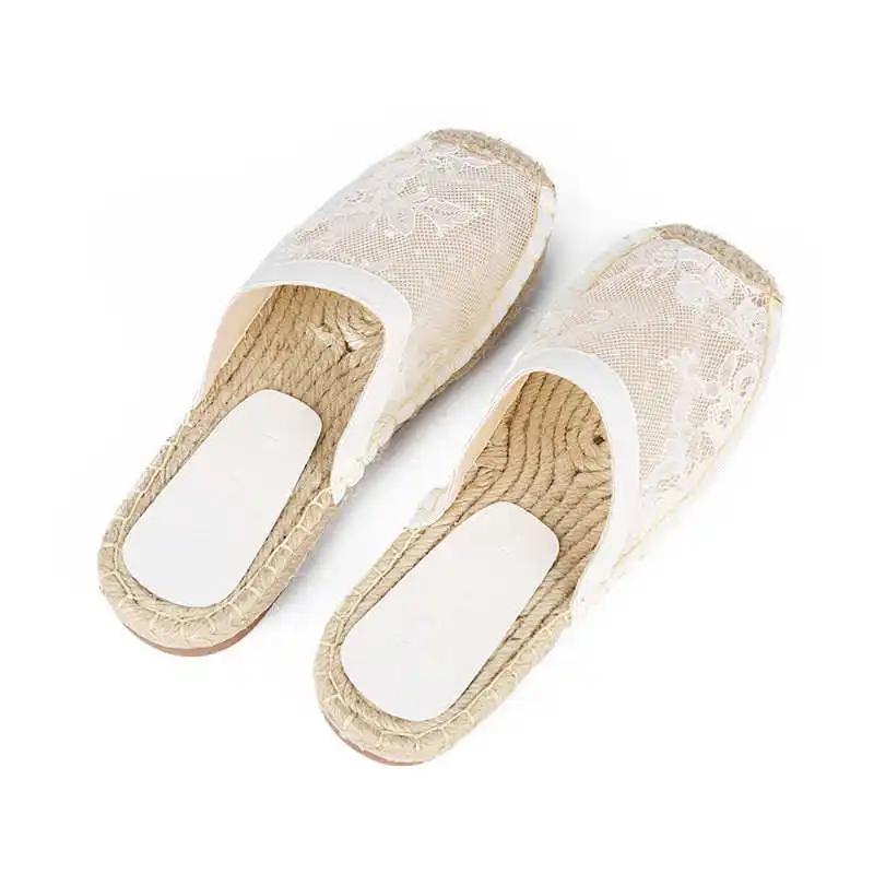 

2021 new half slippers women wear embroidery lace grass woven fisherman's shoes women leisure lazy flat shoes women