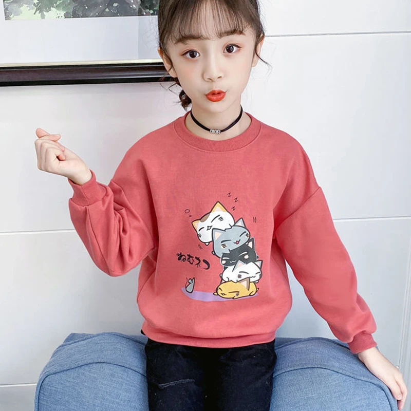 

QluoYi осенне-зимняя бархатная Толстовка с длинным рукавом для девочек, детская толстовка с мультяшным котом, пальто, топы, куртка, однотонная ...