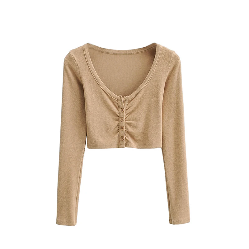 

WOMENGAGA Hot Girl Open Navel Solid Color Tight Tops Autumn Long Sleeve V-neck Pleated Short Cardigan For Women M6EK