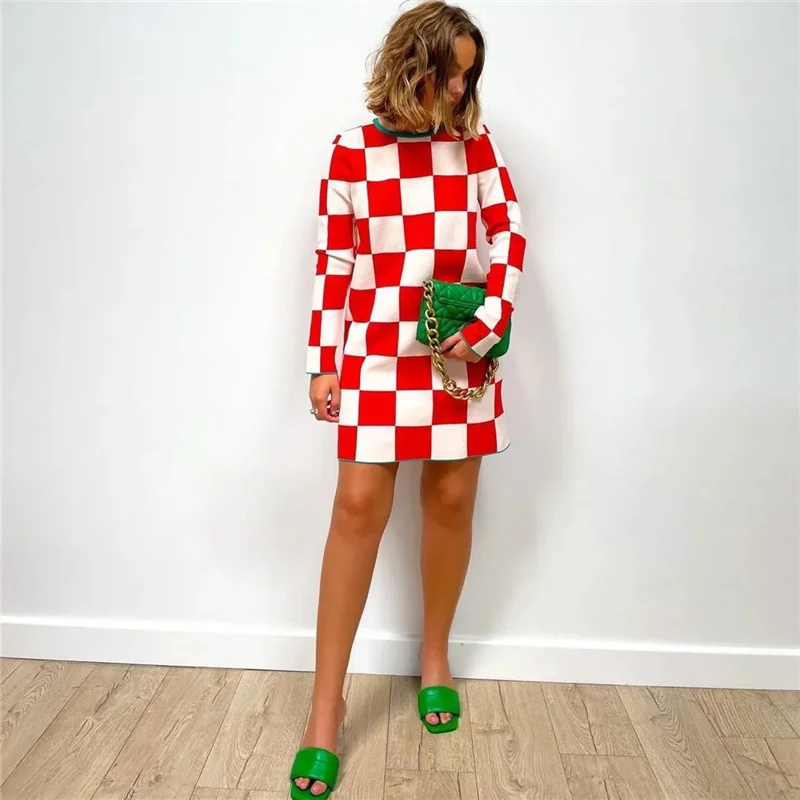 Женское Повседневное трикотажное мини-платье в красную клетку весна 2021 модные