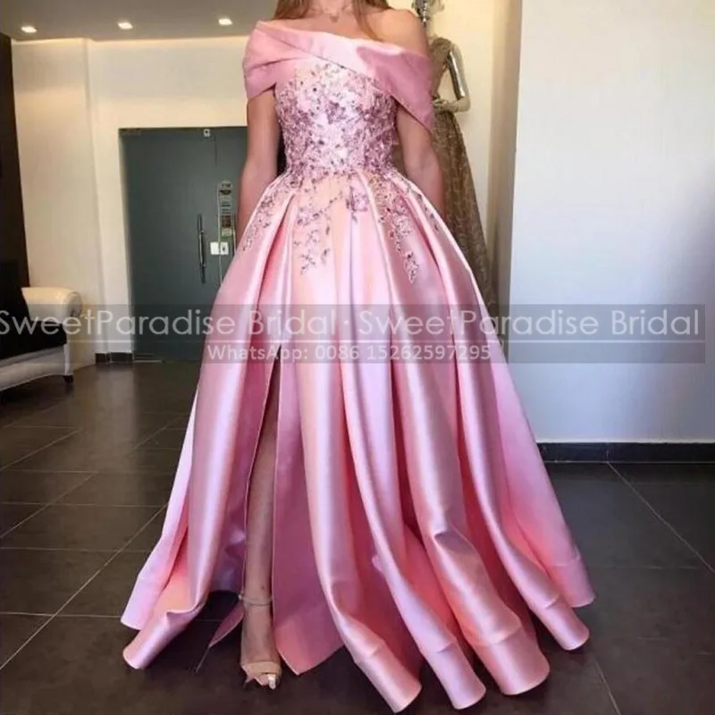 

Exquisite Appliques Beads Evening Dresses Pink Satin Pleat A Line Side Split Boat Neck Women Long Evening Dress Party
