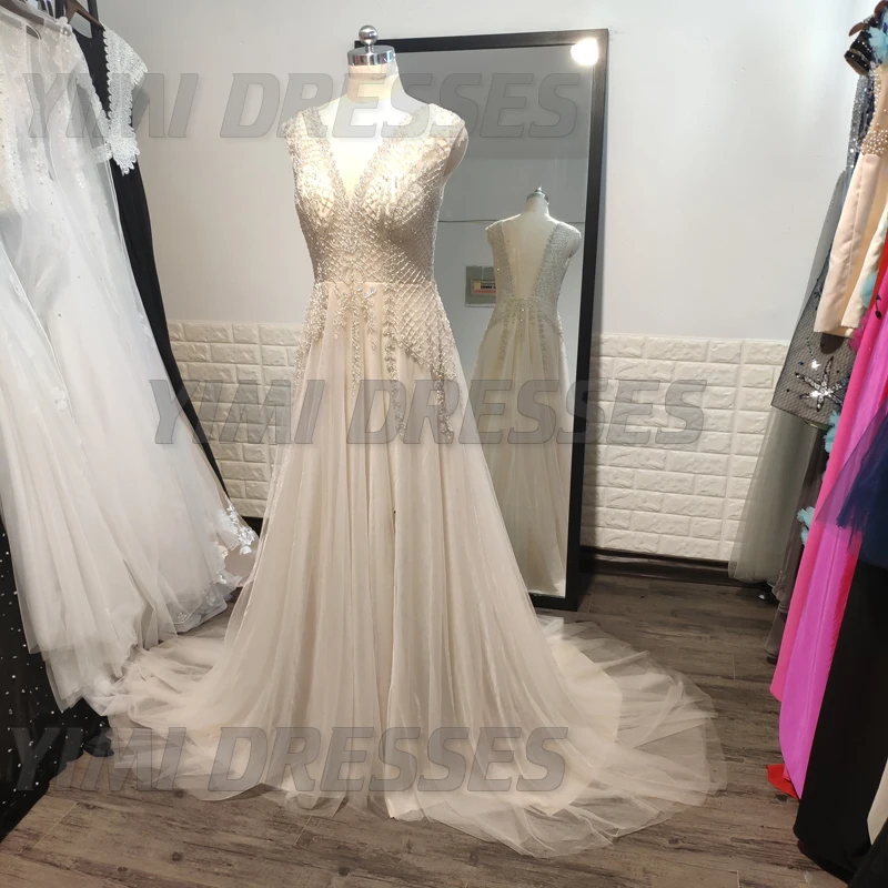 Beaded Long Prom Dresses 2019 Luxury Vestidos De Gala Sexy Backless V-neck Tulle Party Formal Gowns Evening Party For Women