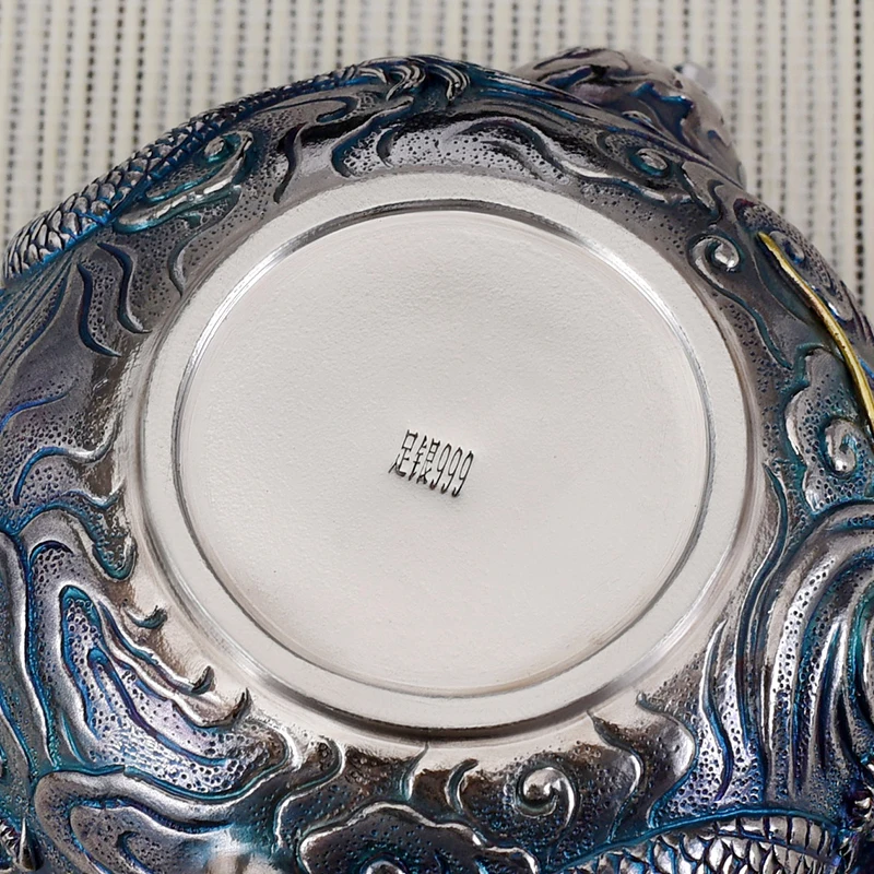 

Ag999 Sterling Silver Teapot Hand-Carving Chinese Dragon Kitchen Utensils Built-in Filter Handmade Coffee Tea Pot