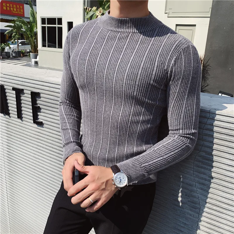 

Simple Autumn Winter Pullovers Men Striped Sweater Casual Fashion 2020 Round Collar Slim Fit Stretched Pull Homme
