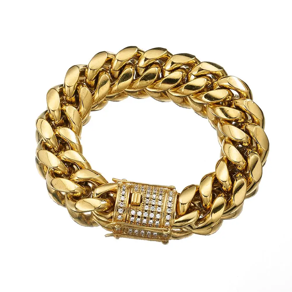 

Hip-hop Strong 18MM Metal Stainless Steel Gold Tone Miami Cuban Curb Chain Wristband Mens/Womens Bracelet Bangle 7-11" Xmas Gift