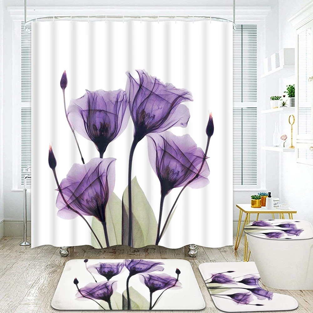 

Tulip Lotus Flowers Trees Shower Curtain floral Sets Non-Slip Rugs Toilet Lid Cover and Bath Mat Waterproof Bathroom Curtains