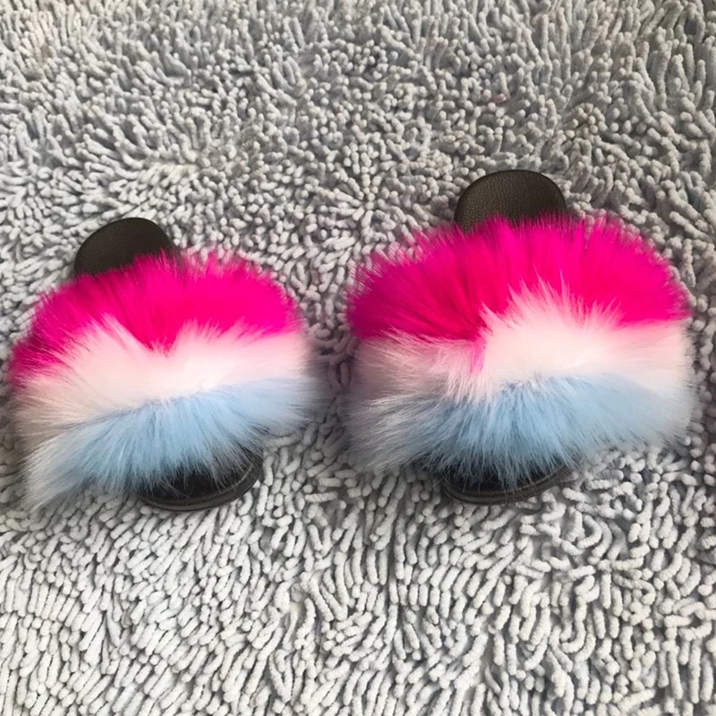 

Hot Sale Fluffy Faux Fox Fur Slides Women Fuzzy Slippers Female Amazing Shoes Soft Furry Plush Slides Cute Flip Flops Wholesale