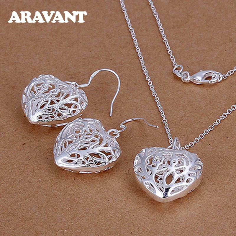 

Bridal Jewelry Sets 925 Silver Hollow Heart Pendant Necklace Chain Earring For Women Wedding Jewelry Valentine's Gifts