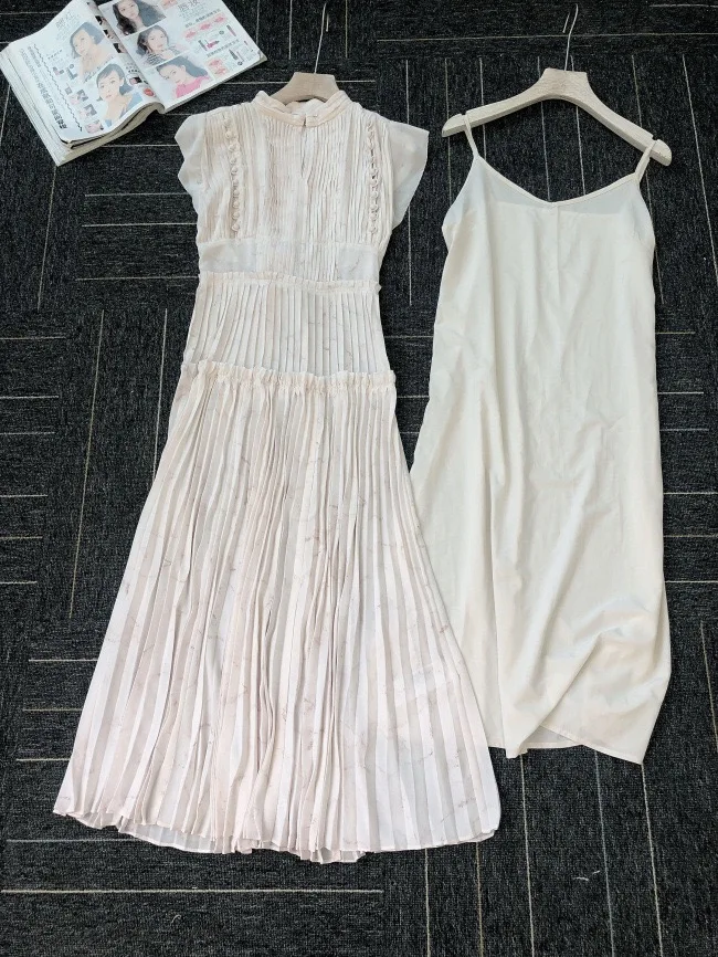 

Elegant Fresh High Waist Women Dress 2021 Spring New Pleated Drawstring Slim Waist Dresses Sexy Hollow Out Chic Print Vestidos