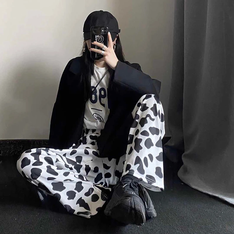 

Cow Print Pants Women Summer Korean Style Wide Leg Pants for Women 2021 New Print Vintage Pants Loose Casual Trousers Women K432