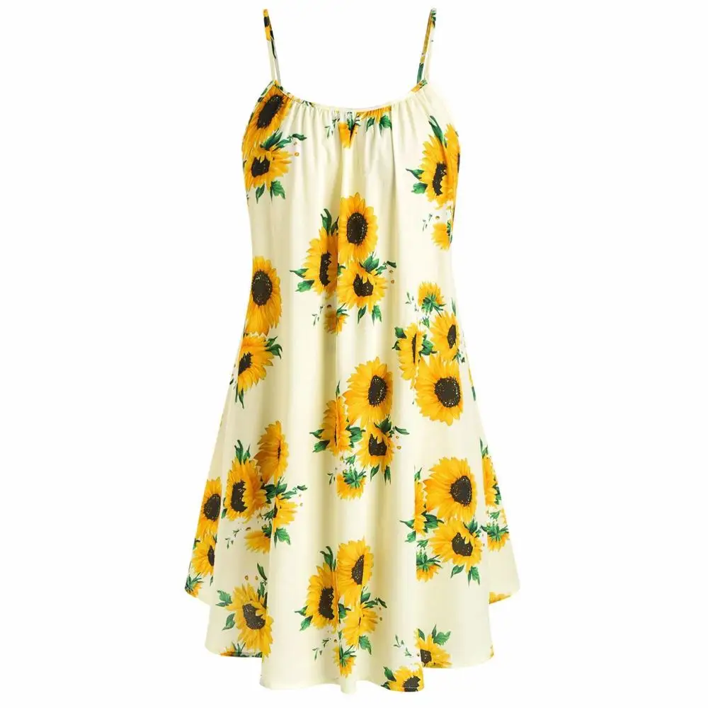 

Women Sunflower Print Mini Dress Knotted Short Sleeve Tunic Tops A Line Sling Dress Two Piece Dress Casual Party Beach Dress