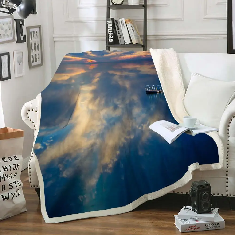 

3D Sky Blanket Blue Lake Throw Blanket Soft Sherpa Fleece Blanket Blue Plush Bed Blanket for Bedroom Sofa Blanket