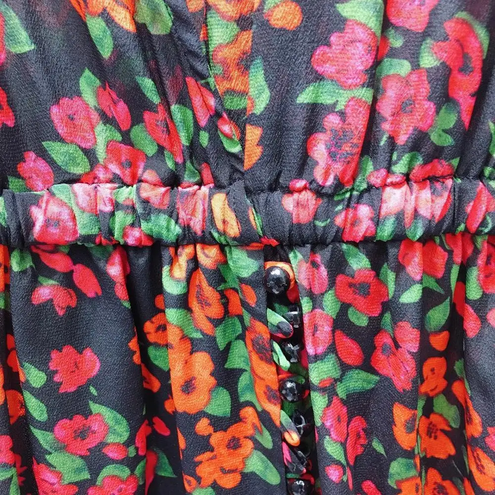 

100% Silk Women Dress Red Print Long Sleeve V-Neck Romantic Temperament Silk Mini Dress