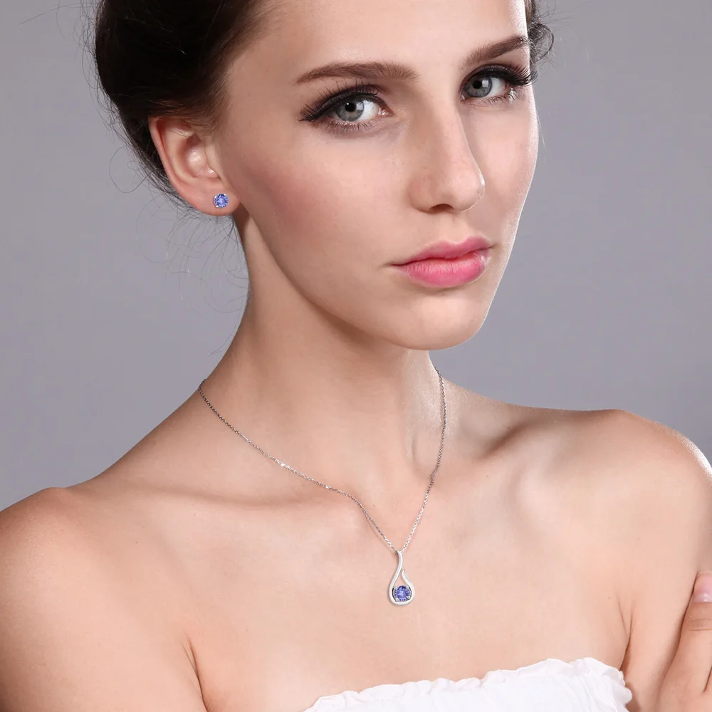 Набор ювелирных изделий из танзанита круглые серьги с подвеской серебра 925 пробы