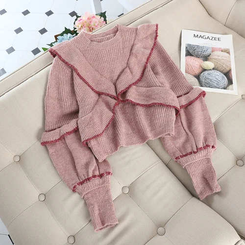 pink Neploe/осенне-зимний элегантный короткий свитер с оборками, женские вязаные пуловеры, милый фонарь, длинный рукав, Pull Femme, новинка 46714 - Цвет: pink