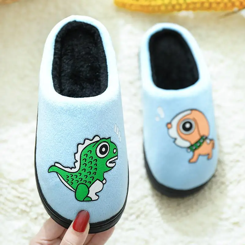 Sky blue puppy 1 Зимние детские тапочки для девочек с единорогом, с рисунком панды, динозавра, щенка, хлопковая домашняя обувь, теплые плюшевые домашние тапочки для детей - Цвет: Sky blue puppy 1
