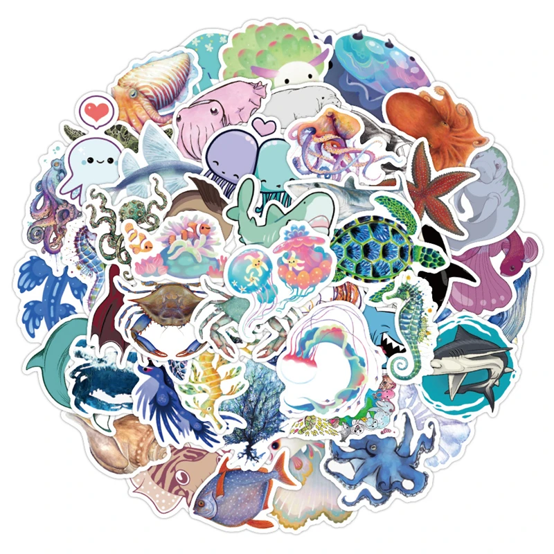 50 PCS Sea Fishes Animal Stickers Ocean World Plants Coral Jellyfish Cute Cartoon Waterproof Sticker Kids DIY Scrapbook Decals