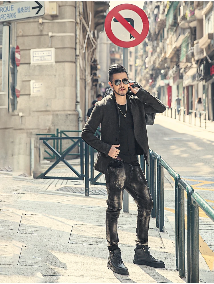 New Spring Retro Black Fur-trimmed Casual Slim Black European Style Suit for Men Stand Collar Men Suit Blazer Brand F8288