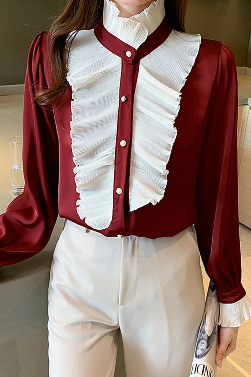 

Summer 2021 New Women's Top Stand Collar Satin Women's Shirt Red Color Long Sleeve Shirt Contrast Color Blouse
