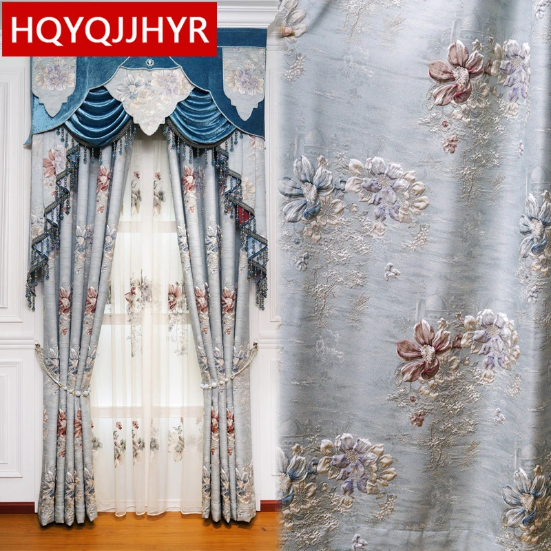 

European Luxury Blue Villa 3D Jacquard Thick Full Blackout Bay Window Curtains For Living Room Bedroom Hotel Kitchen Apartment